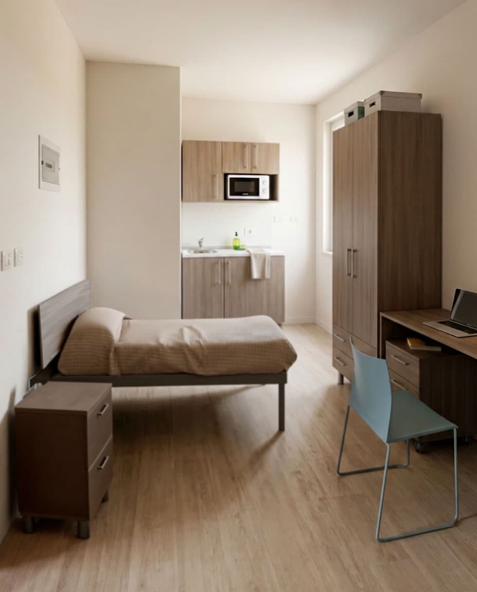 Monolocale per studenti con angolo cottura, letto, comodino, armadio e scrivania su misura realizzati da BiElle